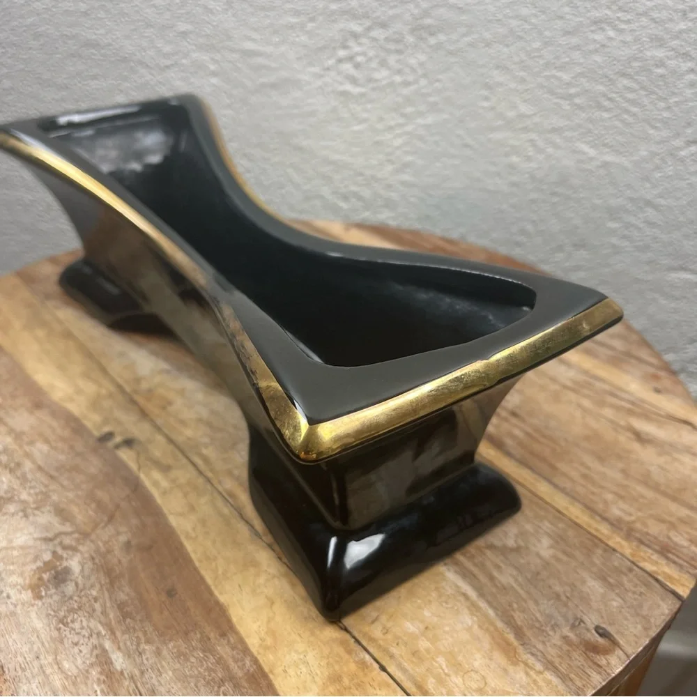 Vintage l 50s Mid-Century Mod Kitsch Glossy Black Gold Trim Long Footed Planter